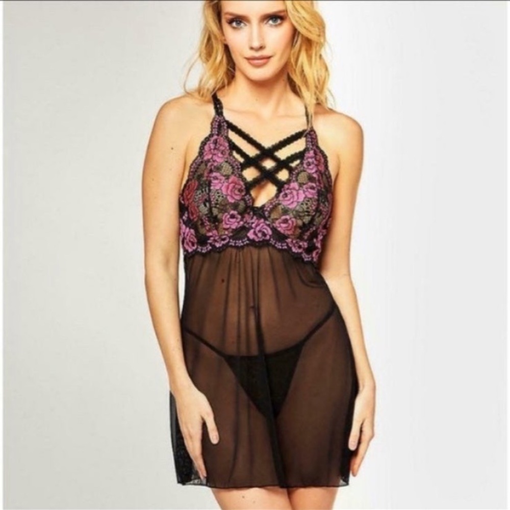 NWOT Sheer Mesh Floral Lace Babydoll Chemise SZ L Valentine’s Day